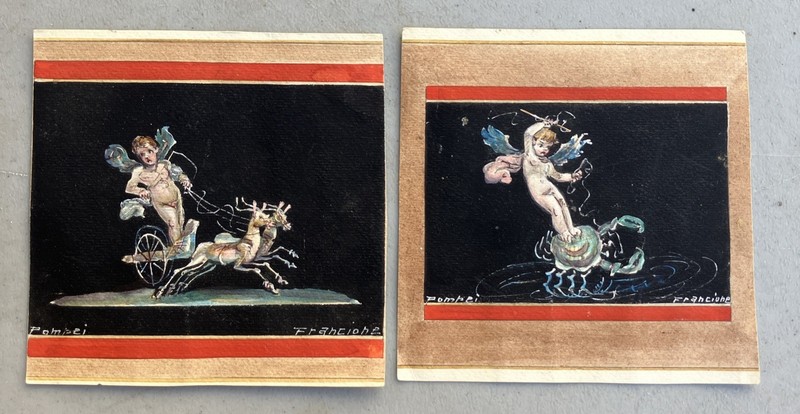 MB5 Antonio Francione Gouache Pompei Cherub on a chariot with deer & Nautical