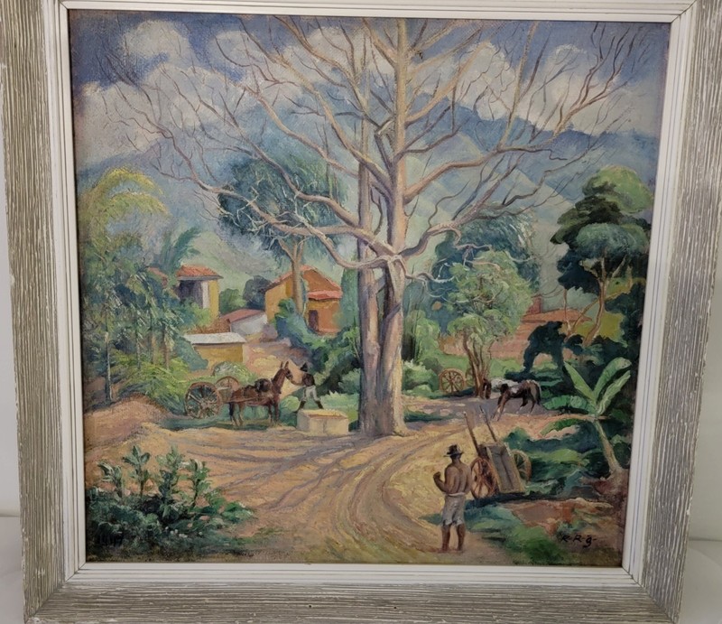 R.R.G. Impressionist Landscape Farm Framed Signed Painting on Canvas, 26 x 26 in