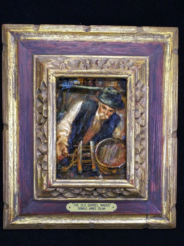 DONALD JAMES ZOLAN «The Old Barrel Maker» Framed Oil Painting On Wood