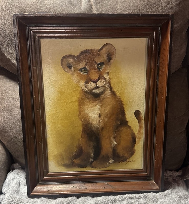 Original Oil Painting Lion Cub Signed “Rockford” – Vintage Wood Frame 16″ x 20″