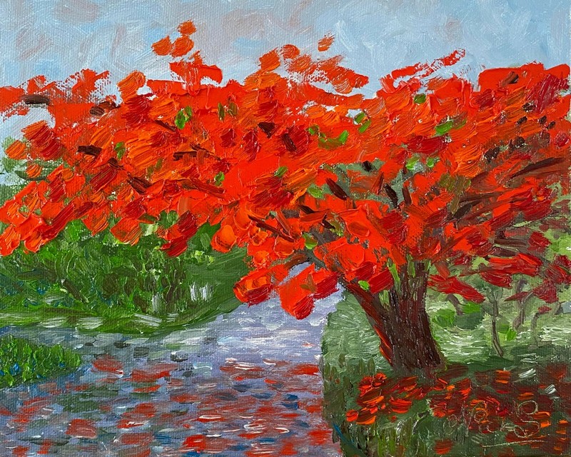 Red Tree. Vibrant, color-rich Oil Painting. ORIGINAL. Signed Impressionist Art