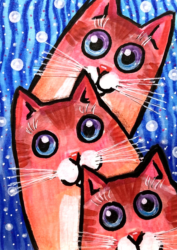 Red Kittens Cats Original ACEO Mixed Media Painting Illustration amylenore