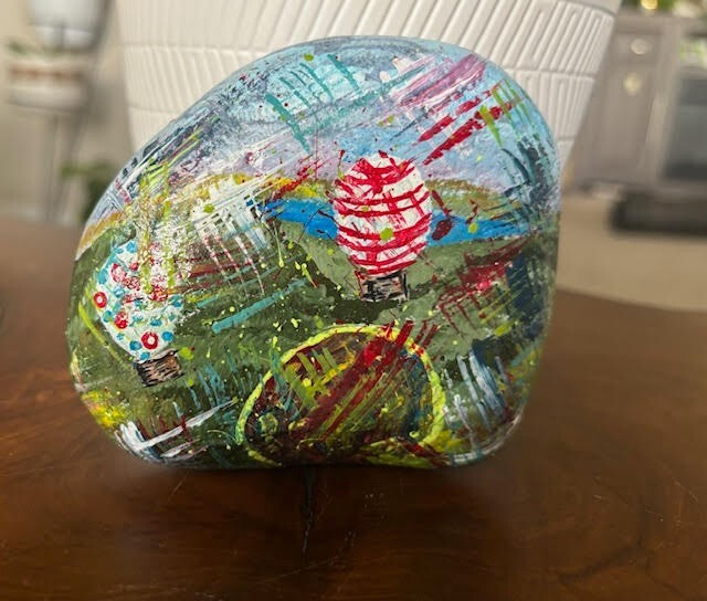 Large Original Hand Painted Rock «Abstract Hot Air Balloons» Collectible Art