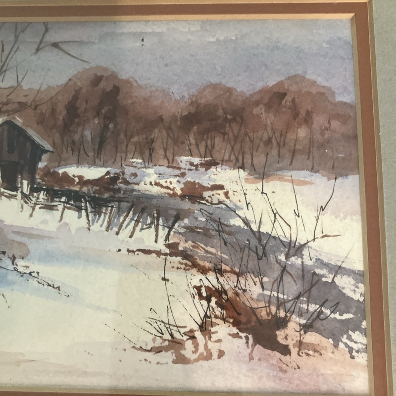 Original Framed Winter Landscape Watercolor Barn 5 X 7 Signed Judy Magensen 1983 gallery