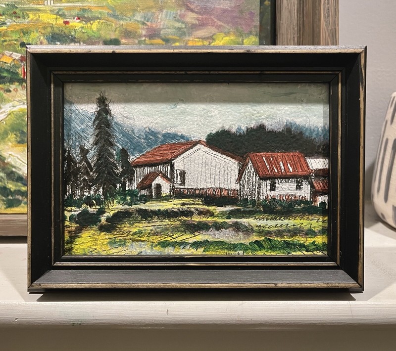 Original Miniature Small Landscape Painting Farm Barns Gold Accent Framed Art gallery