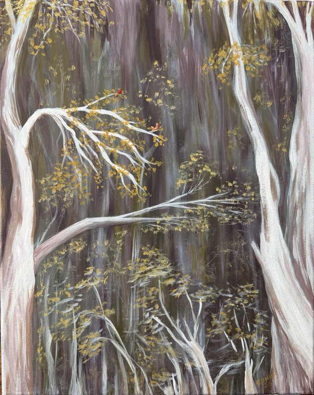 ART JOY – EUNIE 16”x20” Acrylic Canvas Original Art Birch Forest Cardinal 260031