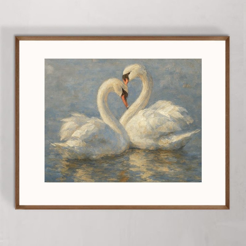 Swan Couple Wall Art – Romantic White Swan Print – Vintage Impressionist Oil gallery