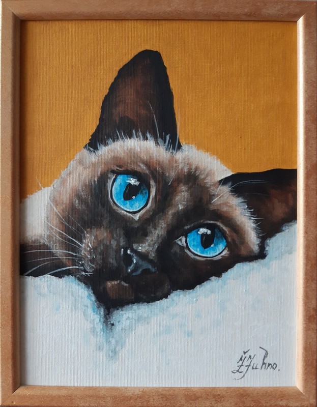 Siamese Cat Oil Painting Blue Eyes Art Original Pet Portrait Cat Lover Gif 7×9