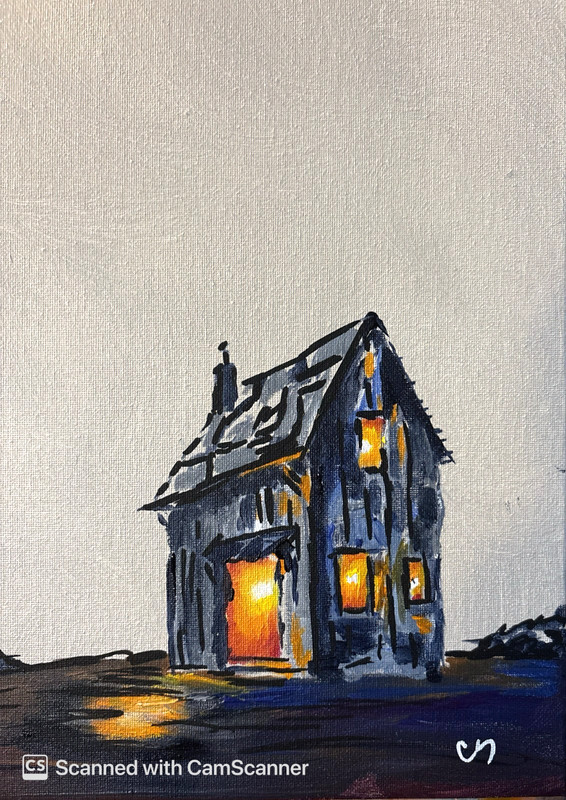 Rustic Cottage Glowing at Night Original Acrylic Painting 11x14 Signed Canvas gallery