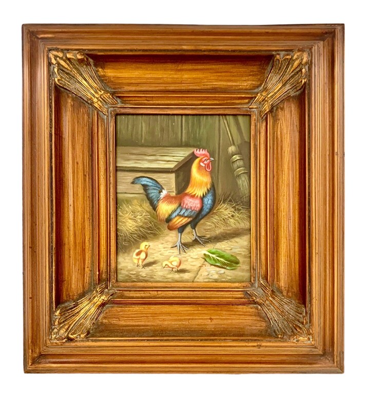 Chicken Painting Rooster and Chicks Painting on Canvas in Vintage Gold Frame
