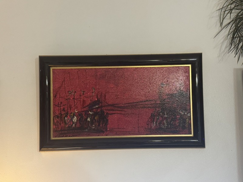 Pascal Cucaro Abstract Red and Black Painting Mid Century Art 28″ x 16″