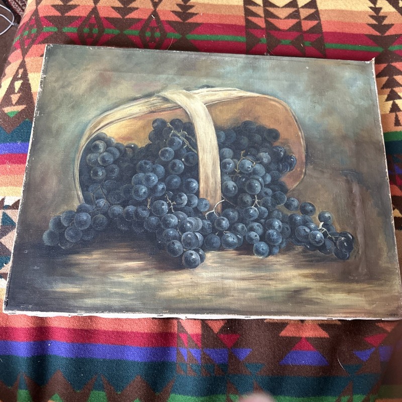 Antique O/C Still Life Painting Grapes In A Basket Folk Art
