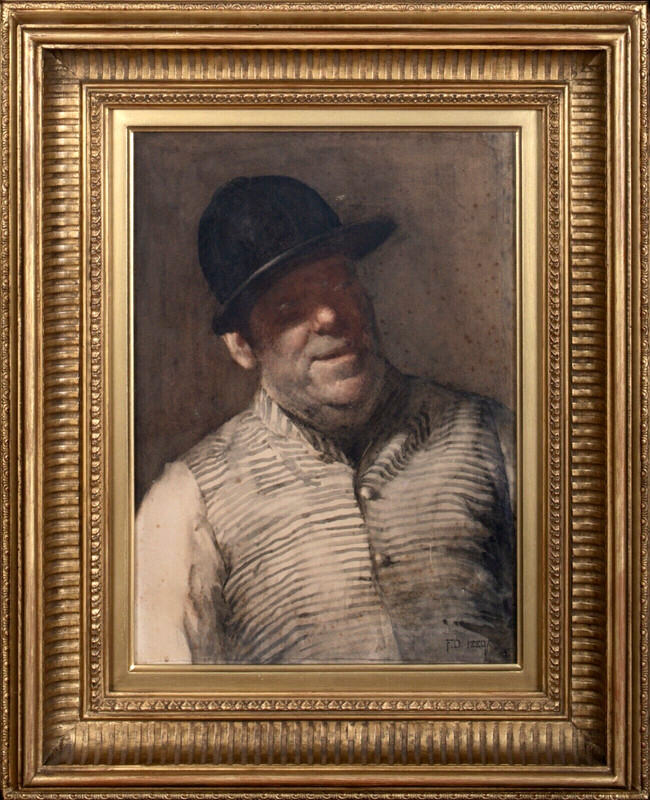 Large 19th Century English Horse Racing Portrait «The Fat Jockey» signed FD