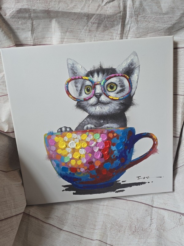 Canvas Colorful Cute Little Cat With Glasses In Teacup 16″ x 16″ Amber Art