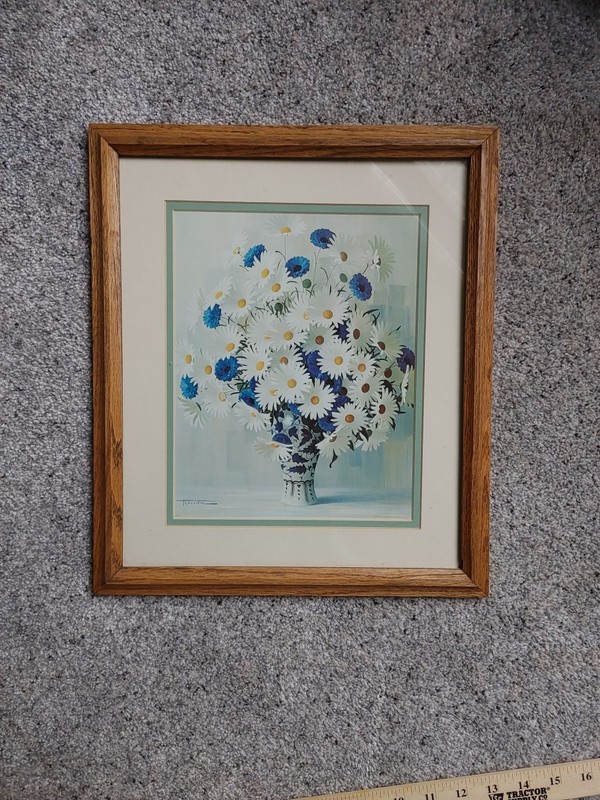Vtg Rouviere «Blue & White» Daisies Cornflowers Print Cottage Wood French Countr