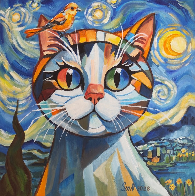Tell Me About Van Gogh – Cat Portrait Original Conceptual Painting Signed Artist