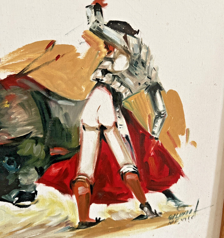 VTG MCM SIGNED ORIGINAL MATADOR BULL FIGHTING PAINTING by ARTIST CALINDOR MEXICO gallery