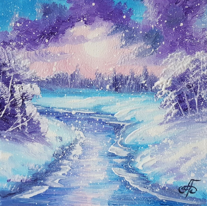 Snowfall Winter River Sunrise Original Oil Painting Impressionist Art 6×6 Canvas