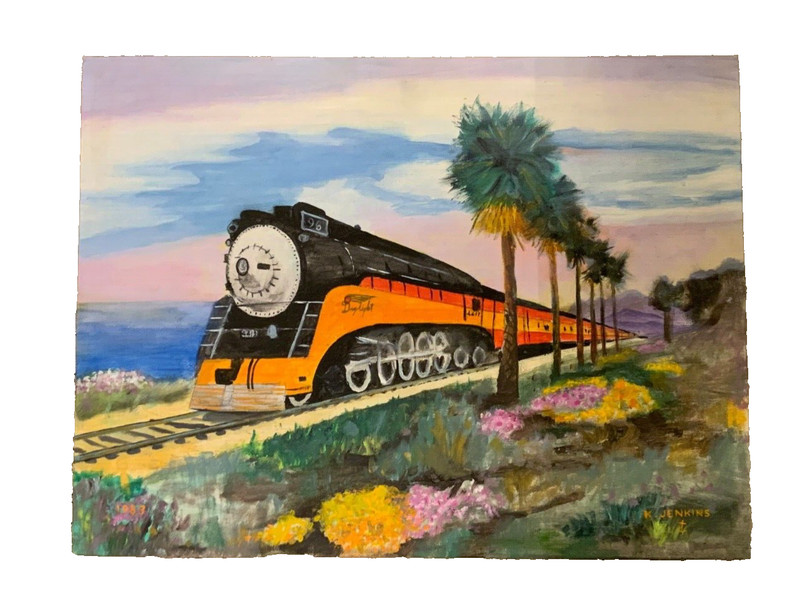 Acrylic on Canvas Pantings of Daylight Southern Pacific Train by K Jenkins 1983