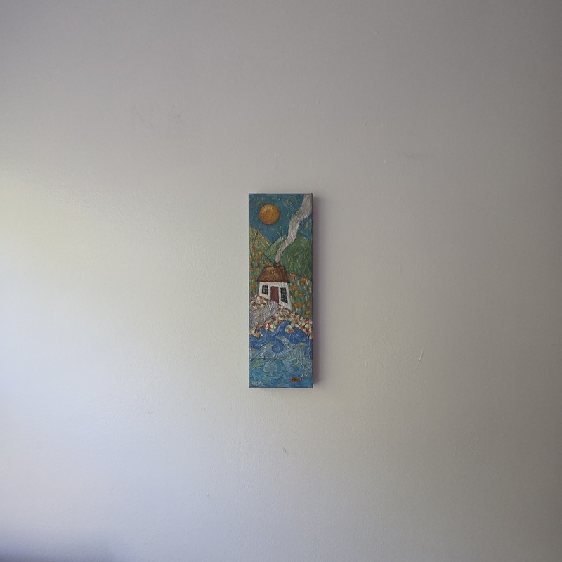 Folk Art ORIGINAL Canvas House Home Landscape Sun Sea Fish Waves Meadow Hills gallery
