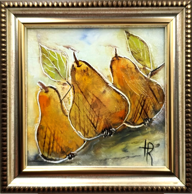Original Oil Painting 4×4 in Framed Signed Pear Fruit Floral Impasto Art