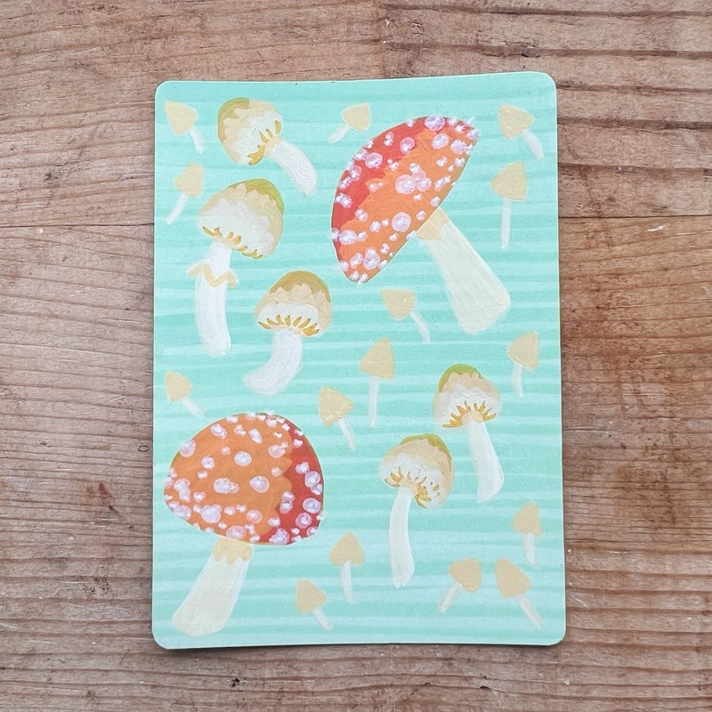 “Fungus Among Us» ACEO Original Painting Art Card Mixed Media mushroom foraging