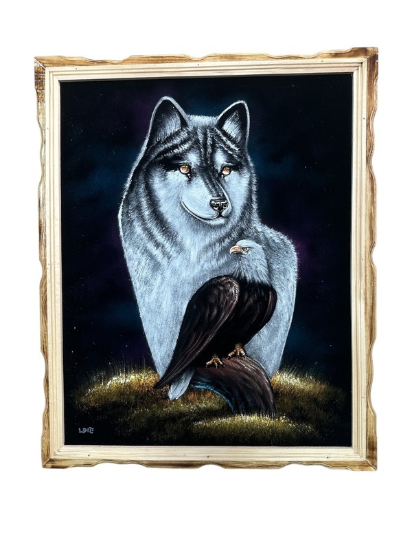 18″X 22″ HAND PAINTED EAGLE – WOLF , VELVET PAINTING, WOOD FRAME , FRAMED , NEW