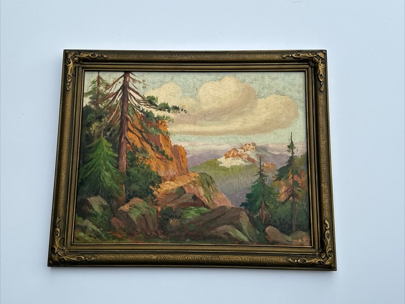 ANTIQUE EARLY AMERICAN PAINTING MOUNTAIN VIEW LANDSCAPE MASTERFUL MYSTERY OIL gallery