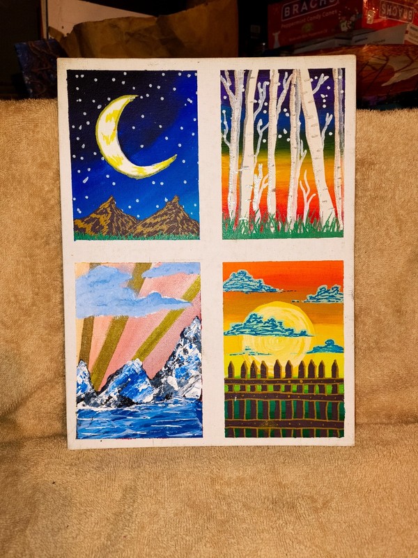 hand painted acrylic four different nature scene 0n flat canvas 9 x 12 in art