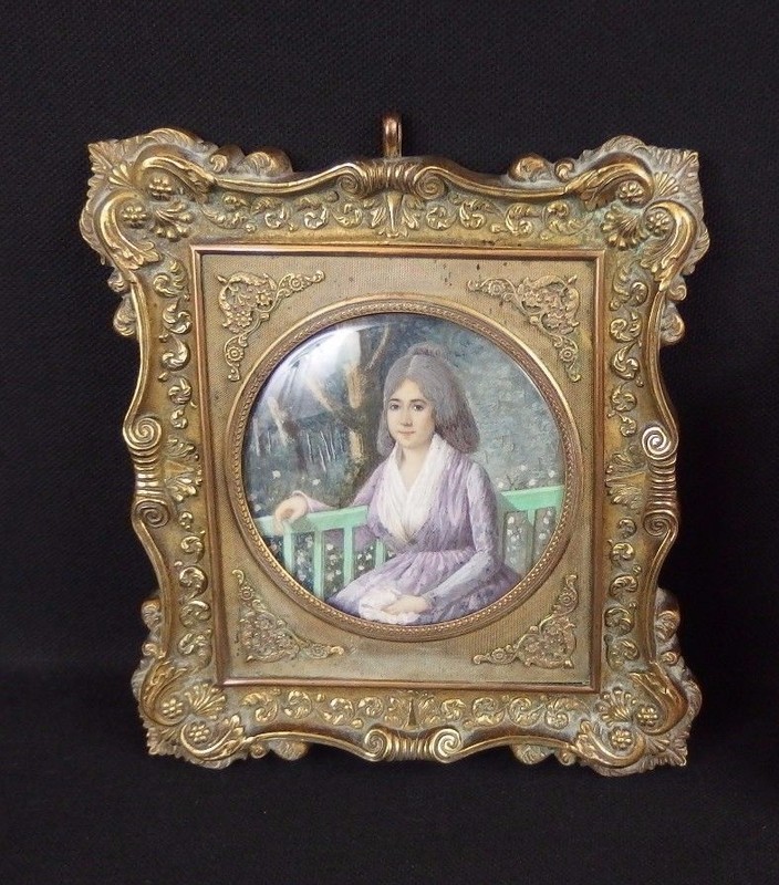Antique European School Miniature Painting Portrait of a Woman W Bronze Frame