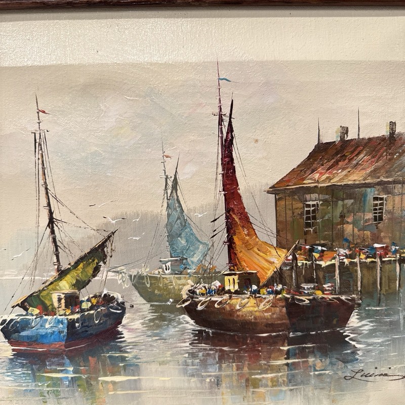 John Luini Original Oil Painting Framed Original Boats Signed Vintage 19x15 In gallery