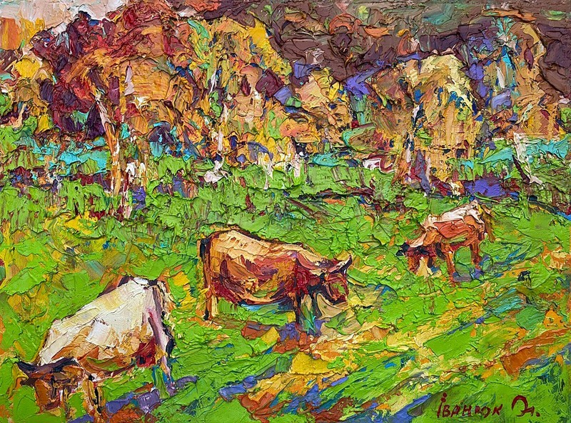 Oil Painting In The Pasture Kalenyuk A. Unframed Original Decor Art nKalen1202