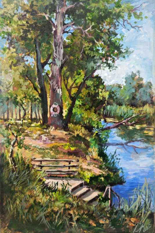 Summer River Landscape ACRYLIC Painting 30×20 cm. Original Art. Nature Scene