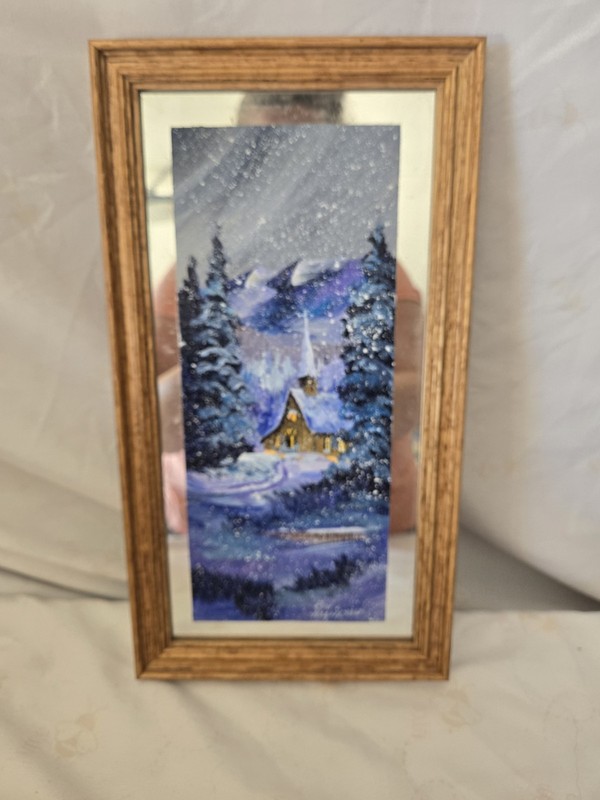 Vintage Handpainted 13"X7" Oak Framed Mirror Winter Snow Cabin Scene Signed gallery