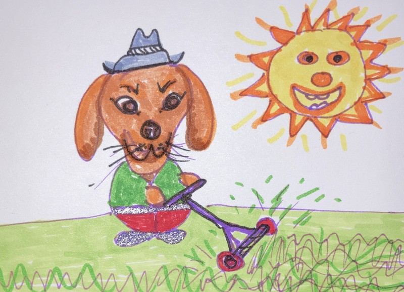 Original Dog art card ACEO dorisann1022 Marker Doxie Weiner Grass Mower Sun Cut gallery