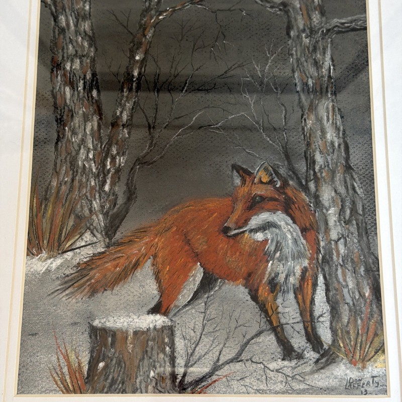 Original Art Red Fox Chalk Painting Signed Outdoors Nature Winter Forest Framed