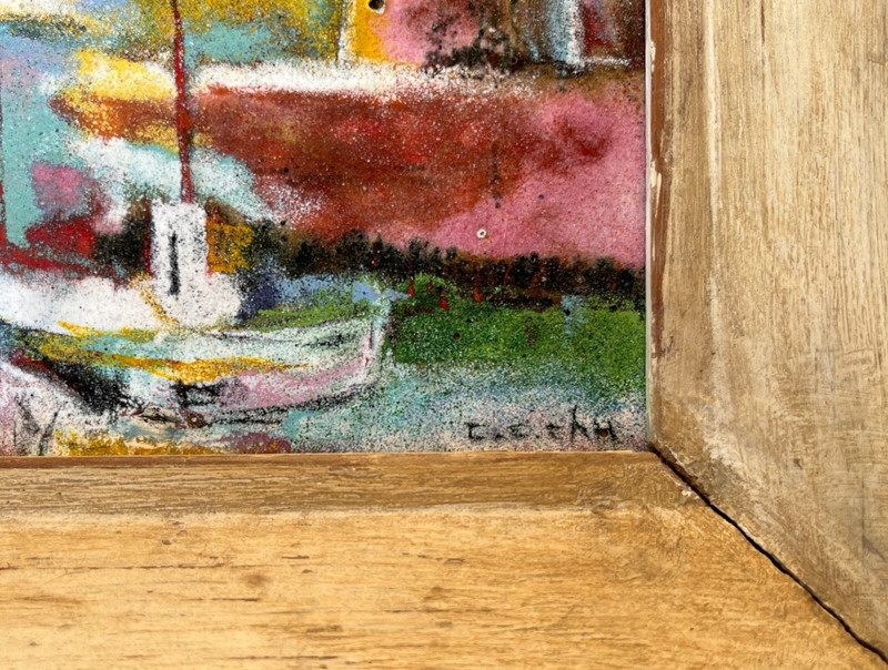 VINTAGE MID- CENTURY " WHARF SCENE" ENAMEL on COPPER PLAQUE PAINTING. SIGNED gallery