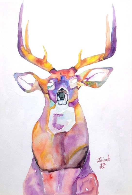 Original Watercolor Deer – Colored deer stag – One of a Kind