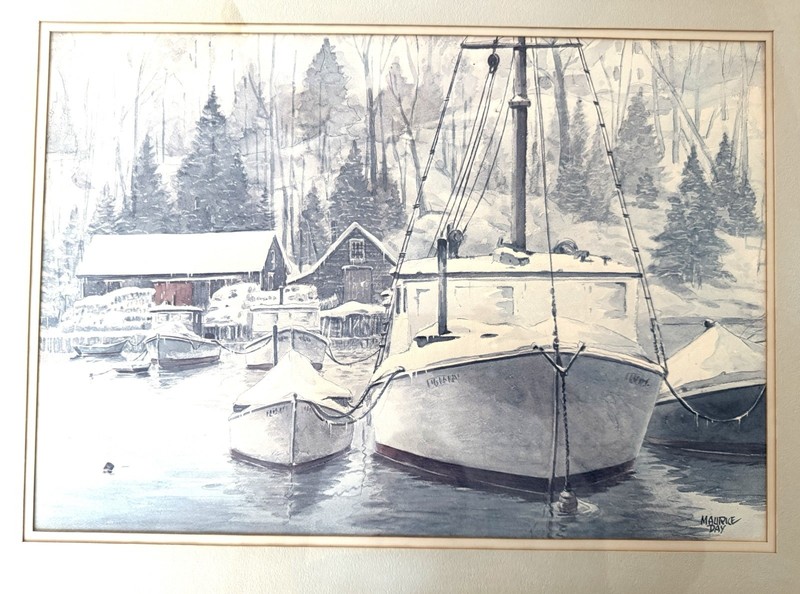 Old Watercolor Winter Marina Boat Signed Maurice Day (1893-1983) Framed 21x28” gallery