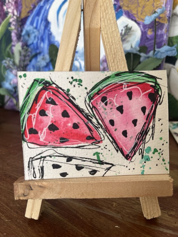 ACEO Original Fruit Art Watermelon Food Painting Watercolor Nicole Tiffany Art