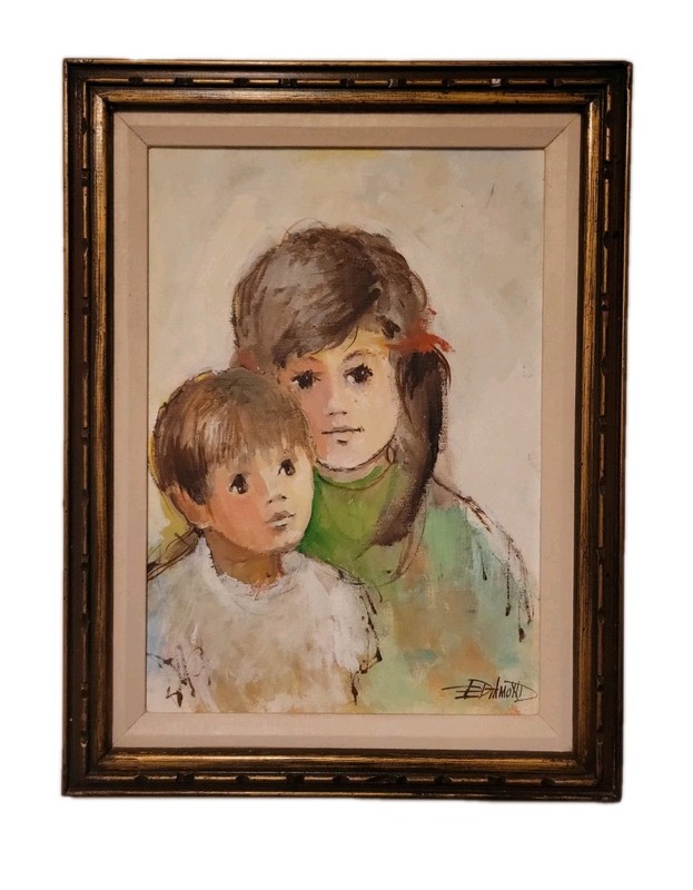 Vintage Signed Oil Painting Of Children Portrait By Eric Diamond Framed