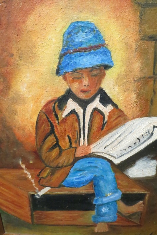 Oil On Canvas Wood Framed Painting Boy Reading Paper 21" x 25" Signed By Artist gallery
