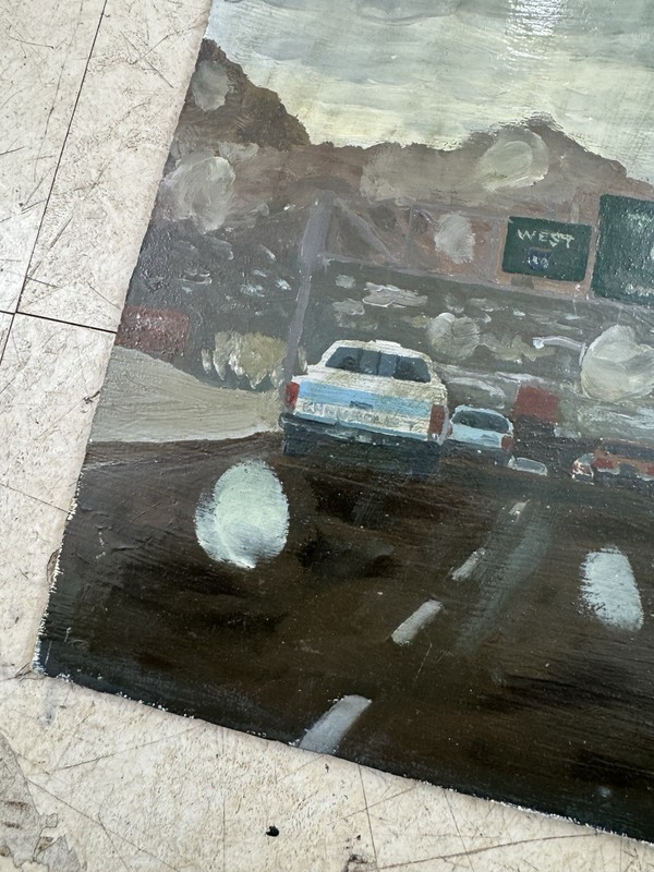 Rain Windshield Highway Signs Oil Painting Board Unsigned Unknown Artist Tucson gallery