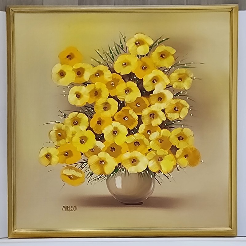Vintage Carlson Yellow Floral Oil Painting Framed 1970s Mid-Century 39×39 Large