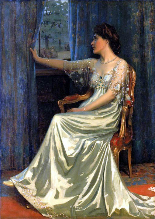Oil painting Edmund Hodgson Smart beautiful young woman in dress seated in chair