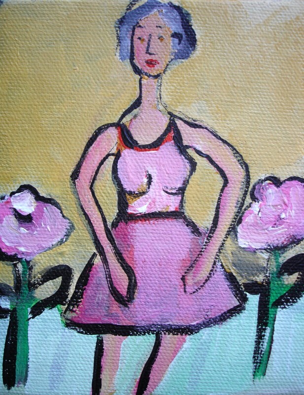 Woman Twin Pink Roses original vtg garden oil painting 5×4 inch Mary Hillier Art