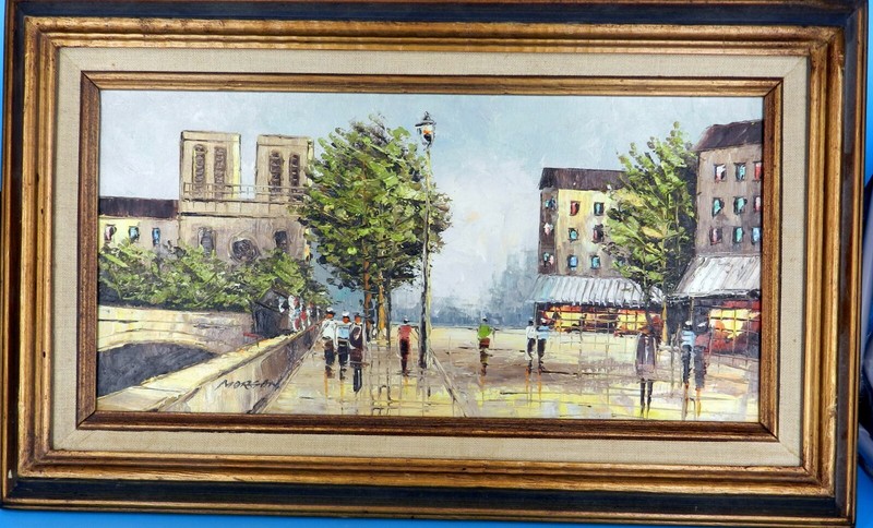 VINTAGE Oil On Canvas ARTIST MORGAN Street Scene INCREDIBLE
