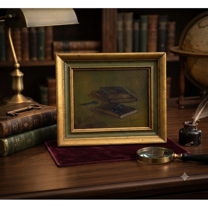 L Hansen Signed Oil Painting Still Life Books Keys Dark Academia Gold 6.5×5.5