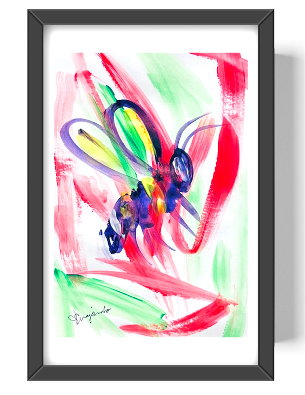 Guajardo Art: Bee with Red Green Swirls 9X6 Paper Abstract Neon Expressionism