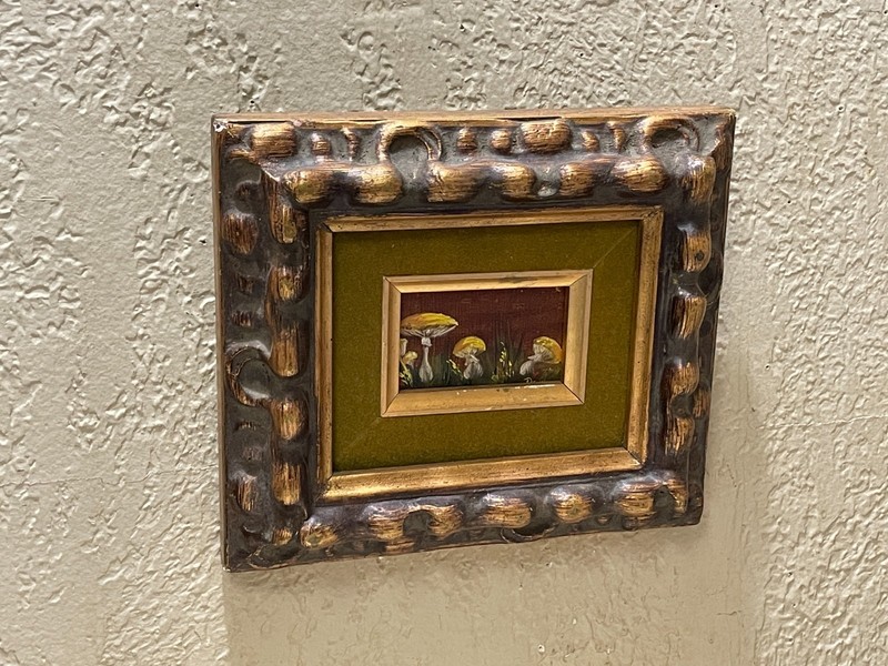 Vtg Mushroom Original Painting Art Signed Matted Framed Retro Neutrals 6.5”x7.5”